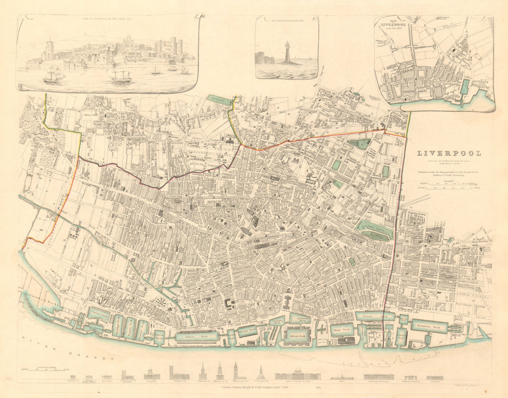 LIVERPOOL antique town city map. Inset 1650 view/1729 plan. Buildings. SDUK 1847