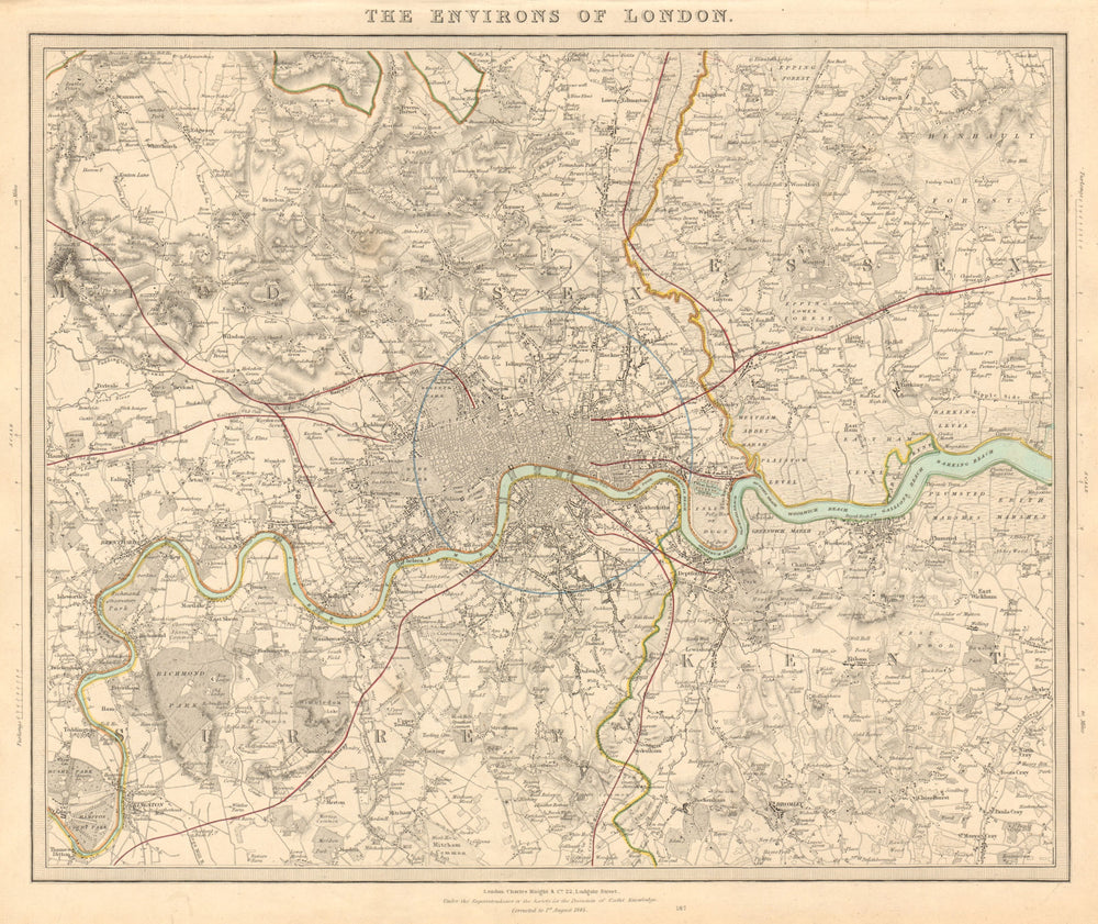 LONDON & ENVIRONS. Middlesex Kent Essex Surrey. Coloured. SDUK 1847 old map
