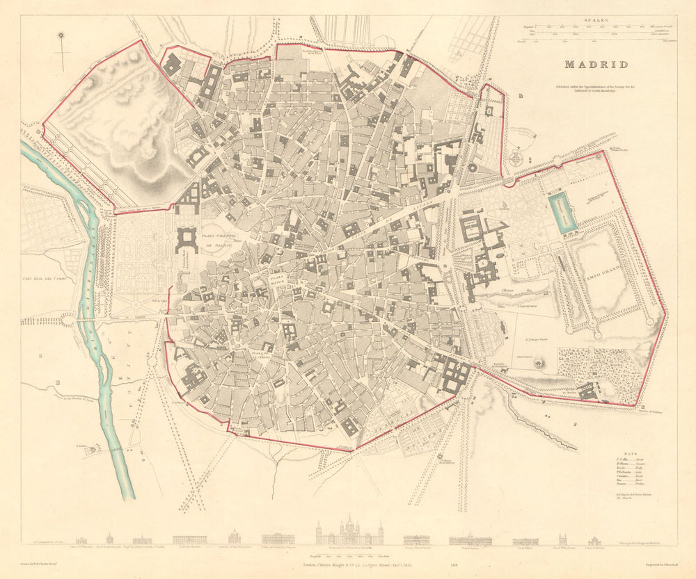 MADRID. Antique town city map plan. Original outline colour. SDUK 1847 old