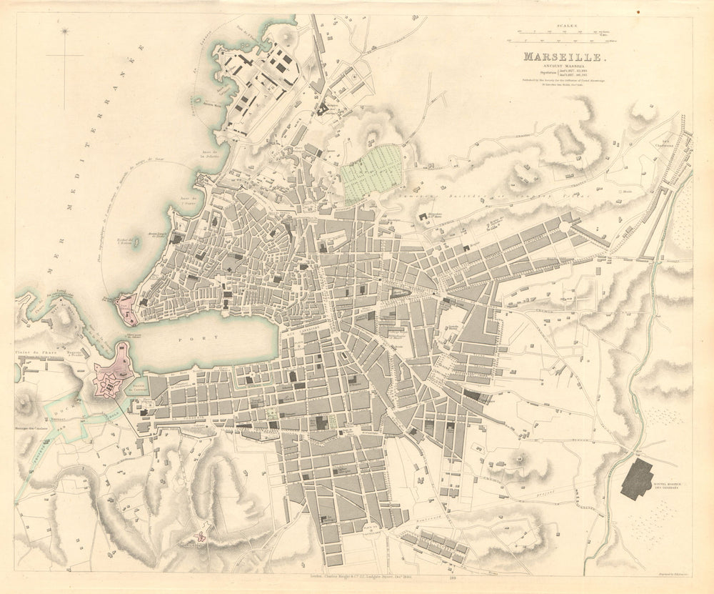 MARSEILLE. Antique town city map. Ancient Massilia. Marseilles. SDUK 1847