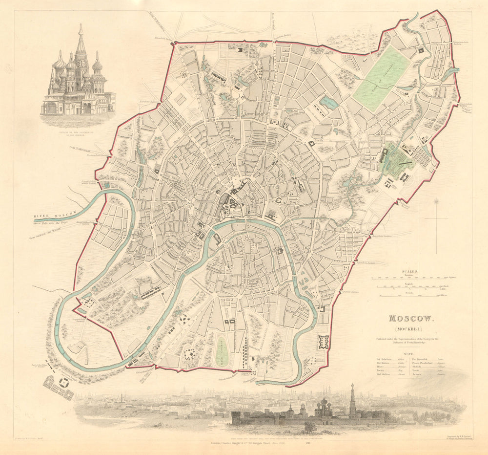 MOSCOW MOSKAU Москва. Antique town city map plan & panorama. SDUK 1847 old
