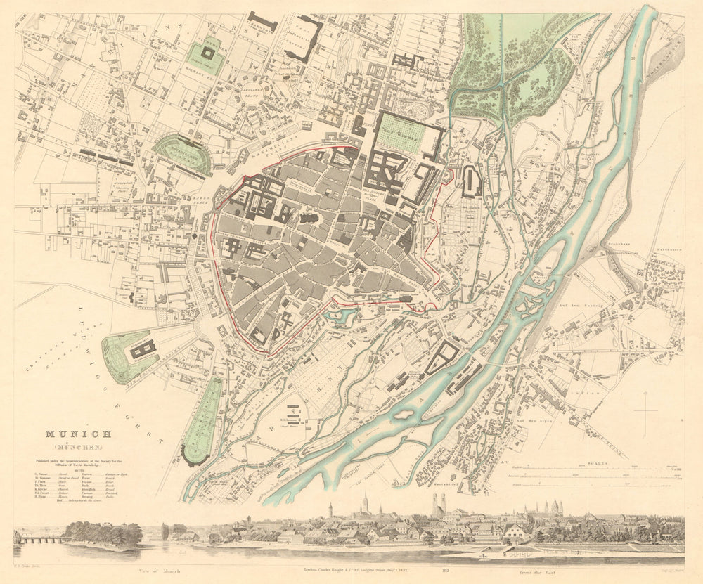 MUNICH MÜNCHEN MUNCHEN. Antique town city map plan & panorama. SDUK 1847