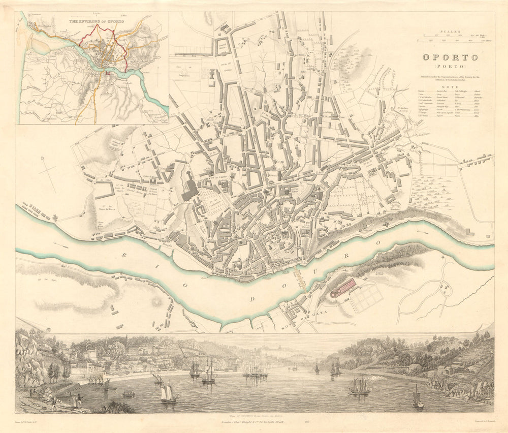 OPORTO PORTO. Antique town city map plan & panorama. Inset environs. SDUK 1847