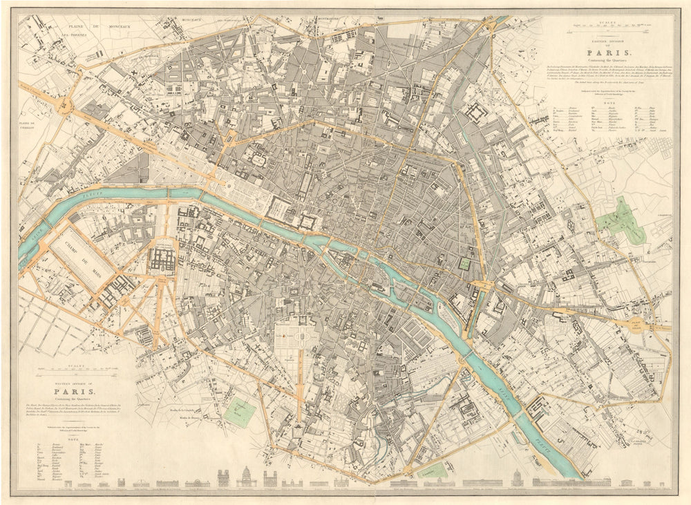 PARIS. Antique town city map plan. LARGE 55 x 40cm. SDUK 1847 old