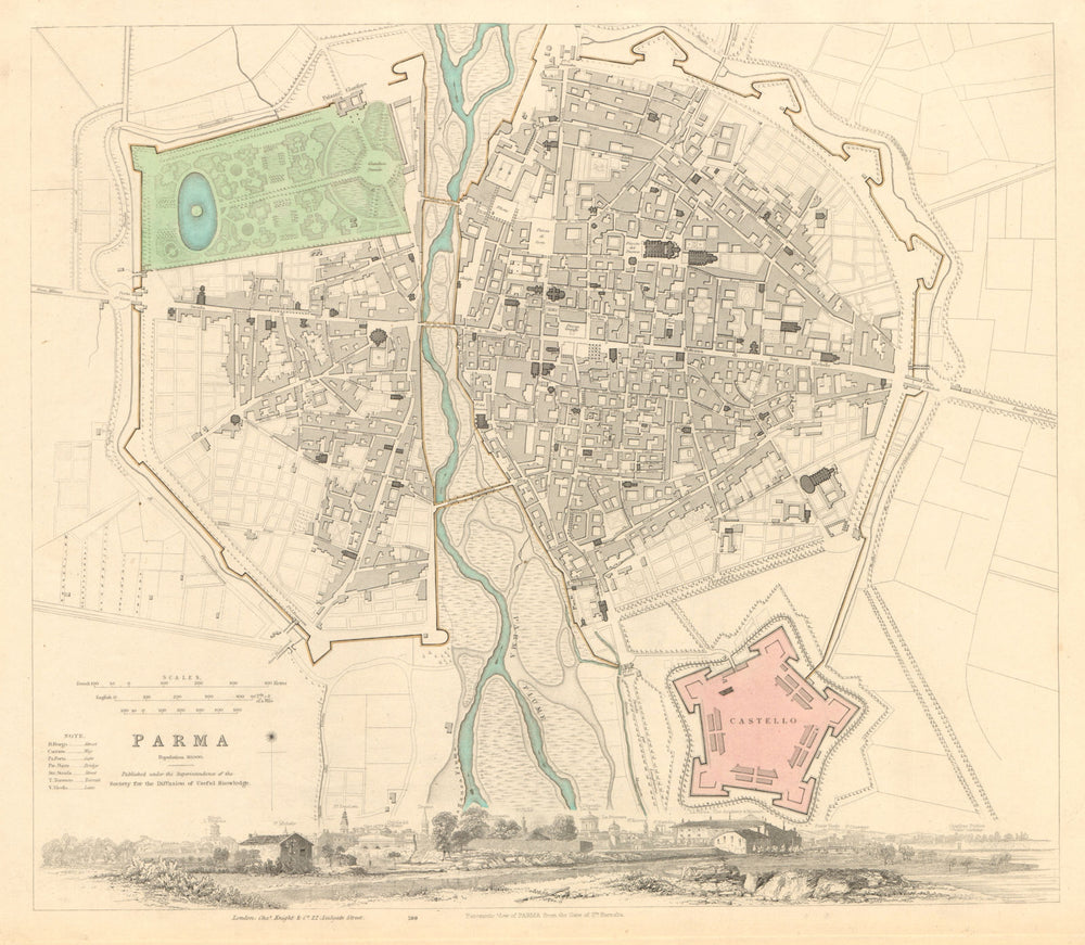 PARMA. Antique town city map plan & panorama. Parme. SDUK 1847 old