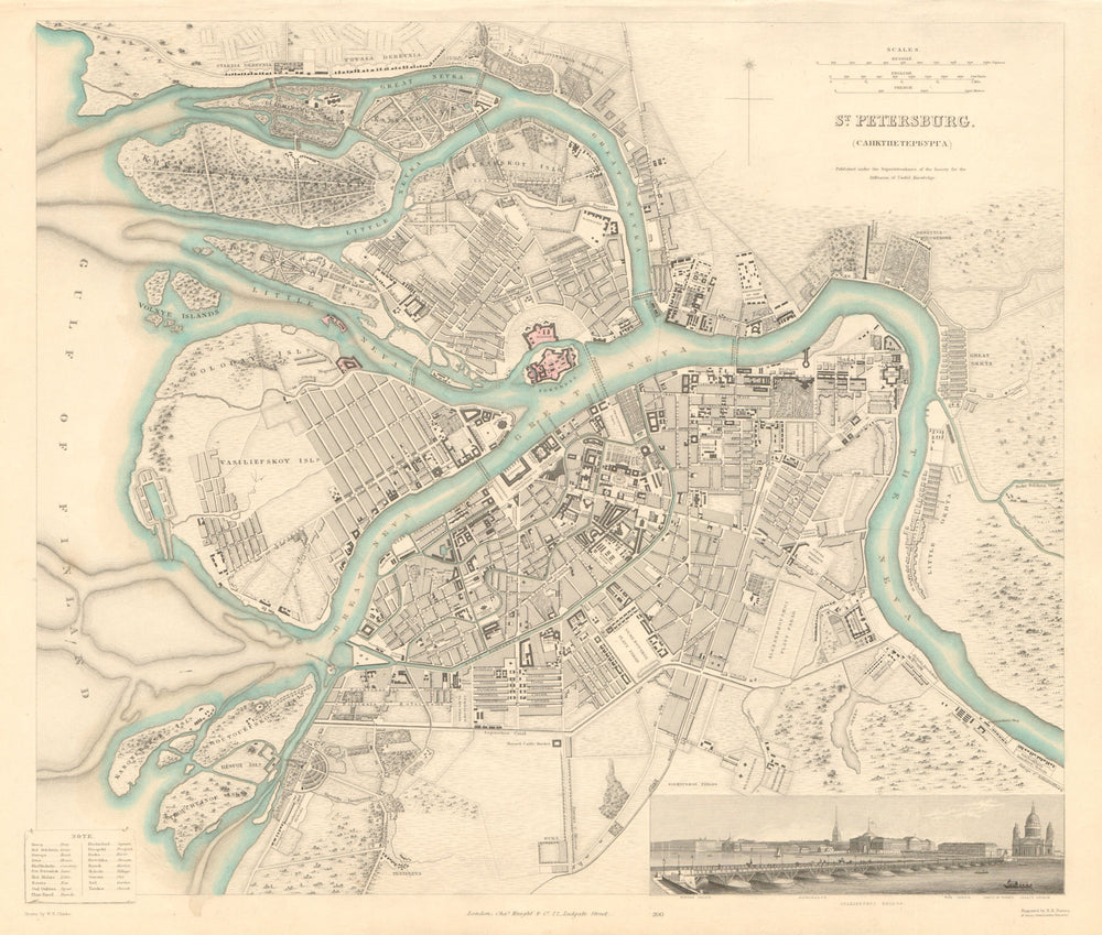 ST PETERSBURG Санкт-Петербург. Antique town city map plan. Panorama. SDUK 1847
