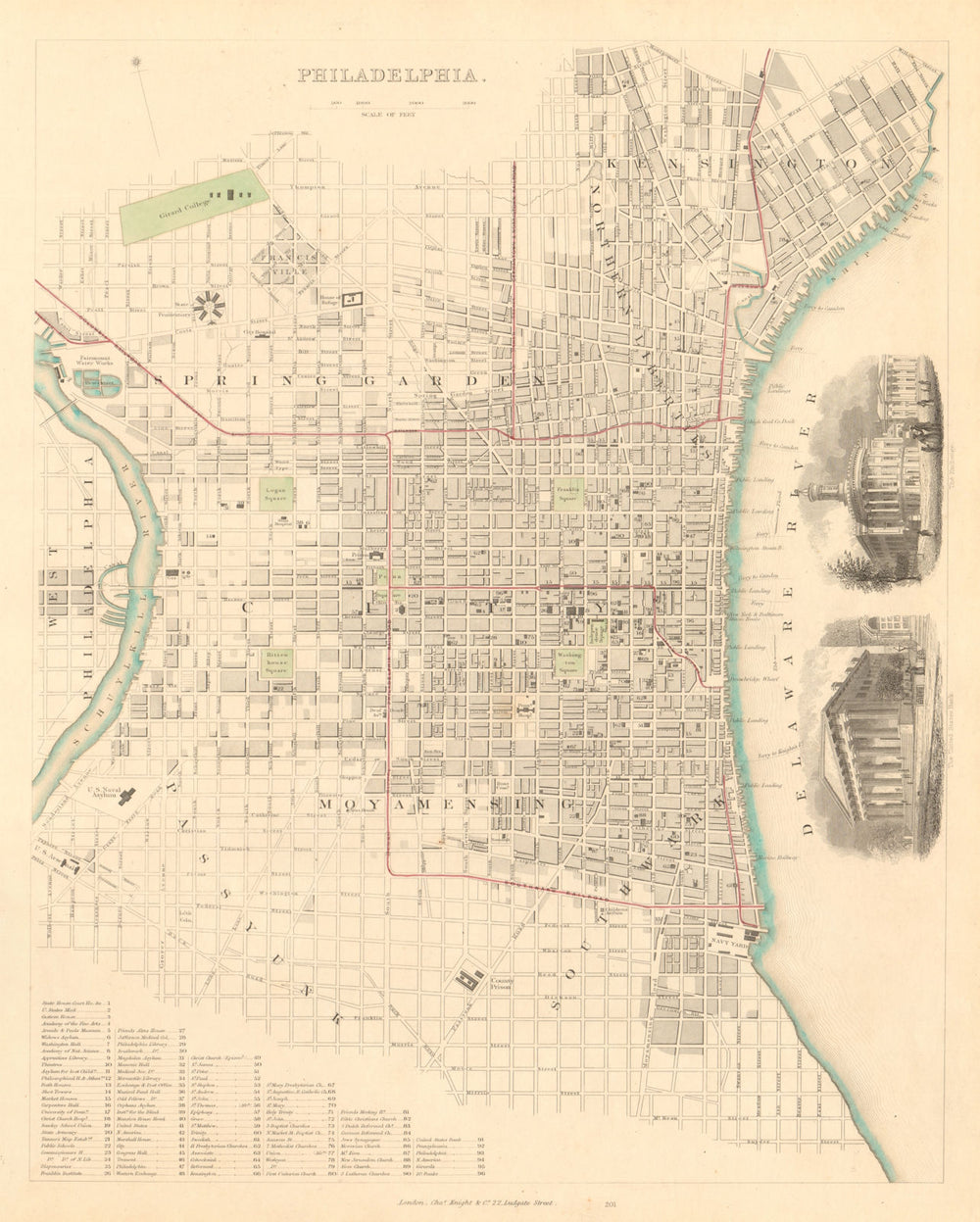 PHILADELPHIA. Antique town city map plan. Inset US Bank, Exchange. SDUK 1847