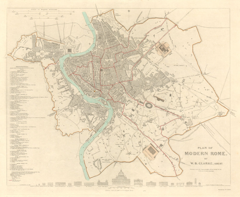 ROME ROMA. Antique town city map plan. Original hand colouring. SDUK 1847