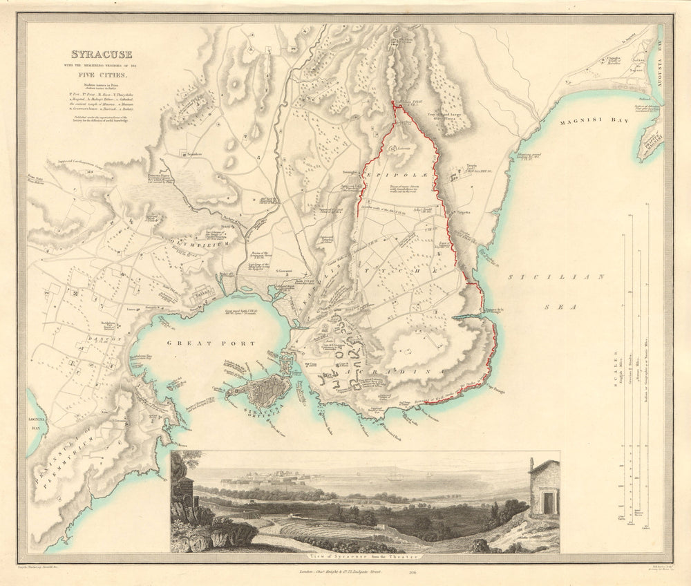 SYRACUSE SIRACUSA antique town city map plan. Remains of its 5 cities. SDUK 1847