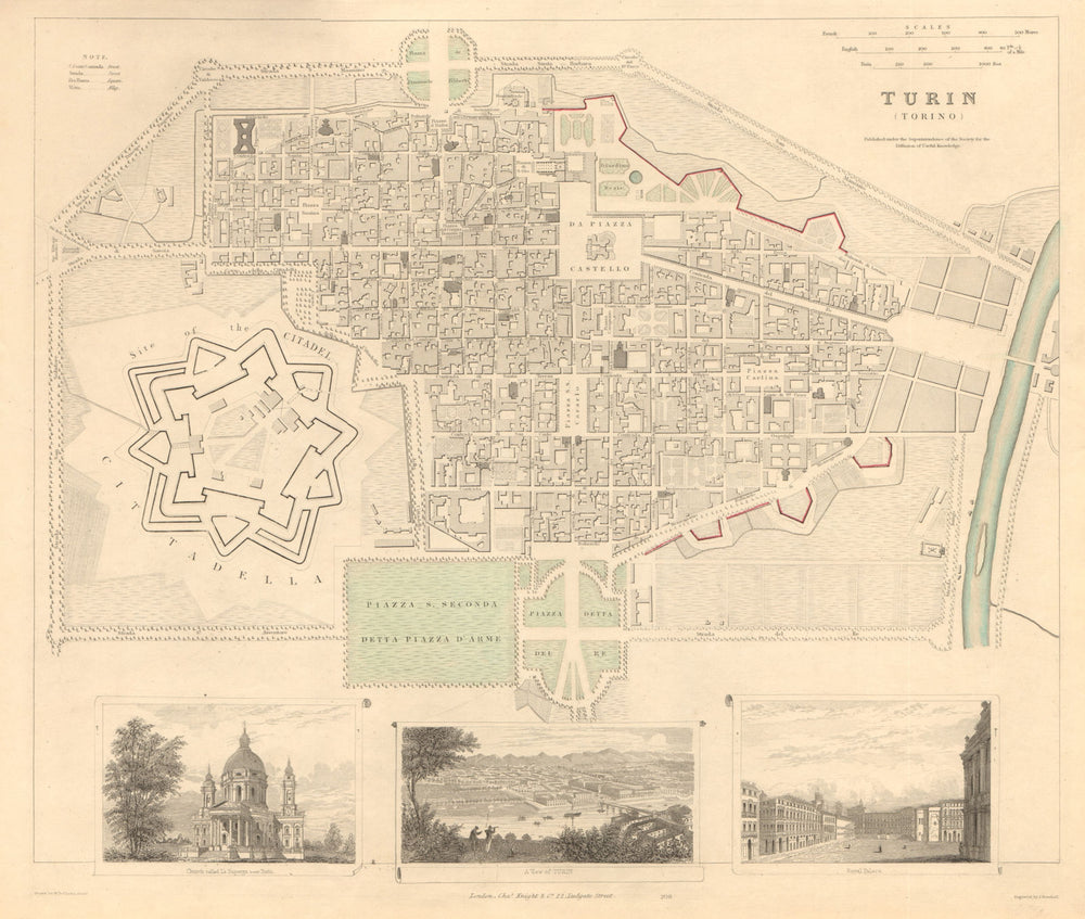 TURIN TORINO antique town city map plan & view. Superga. Royal Palace. SDUK 1847