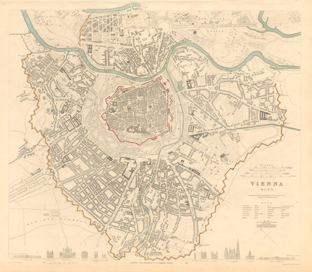 VIENNA WIEN. Antique town city map plan. Principal building profiles. SDUK 1847