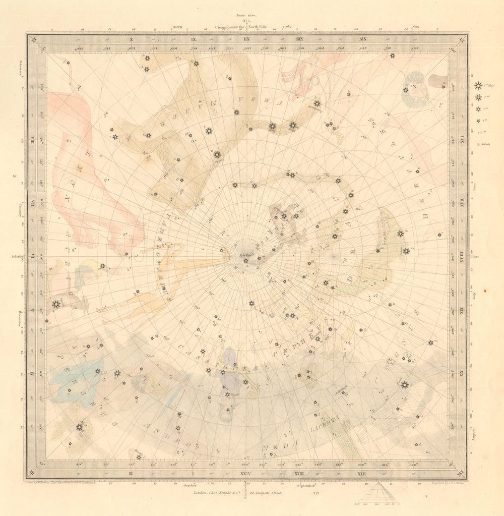 ASTRONOMY CELESTIAL. Star map. Star chart, V. North Pole. SDUK 1847 old
