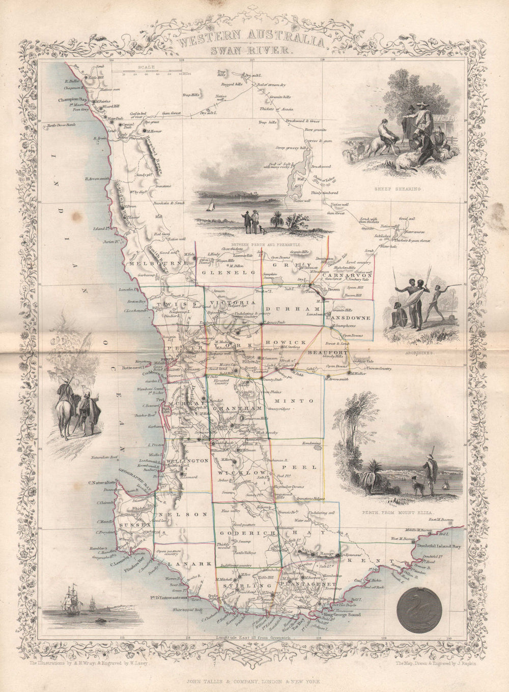 WESTERN AUSTRALIA,SWAN RIVER.Helpman Gregory Gray routes.TALLIS/RAPKIN c1851 map
