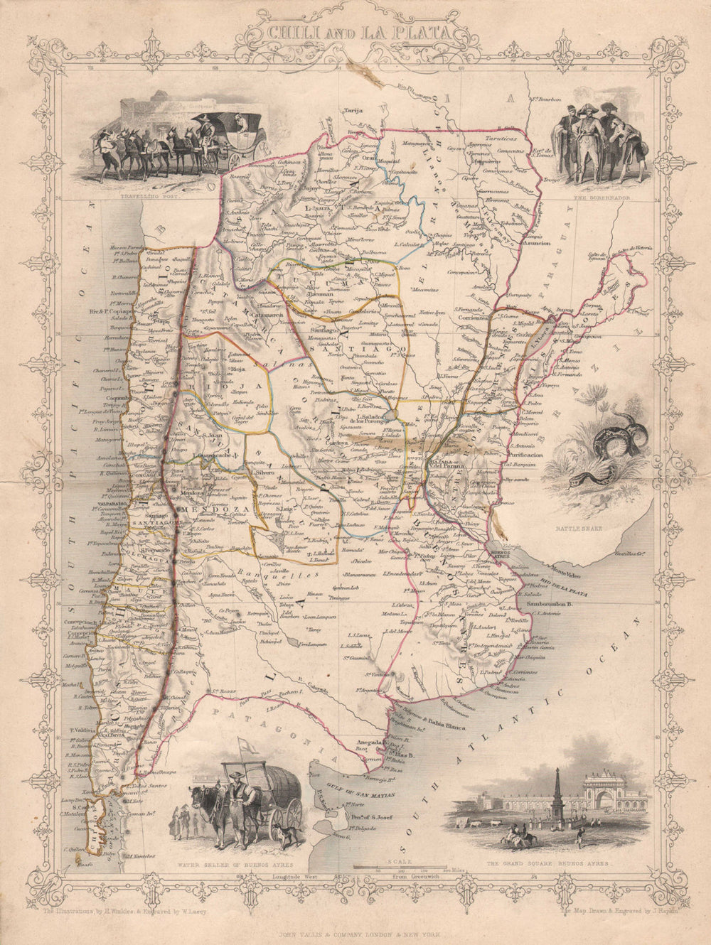 "CHILI AND LA PLATA". Central Chile & Argentina. TALLIS/RAPKIN c1851 old map
