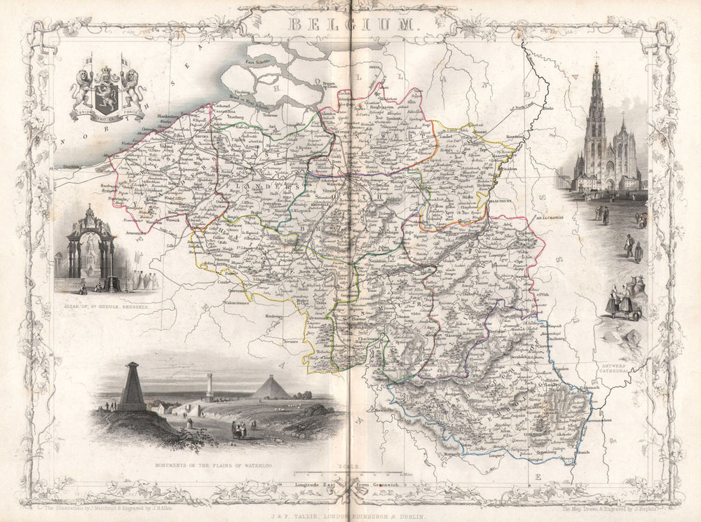 BELGIUM. with Luxembourg. Antwerp & Waterloo vignettes. TALLIS/RAPKIN c1851 map
