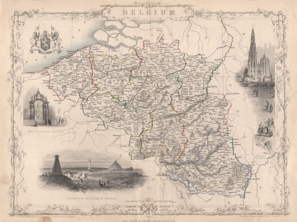 BELGIUM & Luxembourg. Antwerp & Waterloo views. TALLIS/RAPKIN c1851 old map