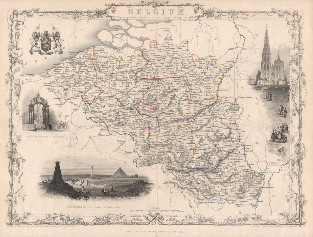 BELGIUM/Luxembourg. Antwerp Waterloo. Trimmed Coloured. TALLIS/RAPKIN c1851 map
