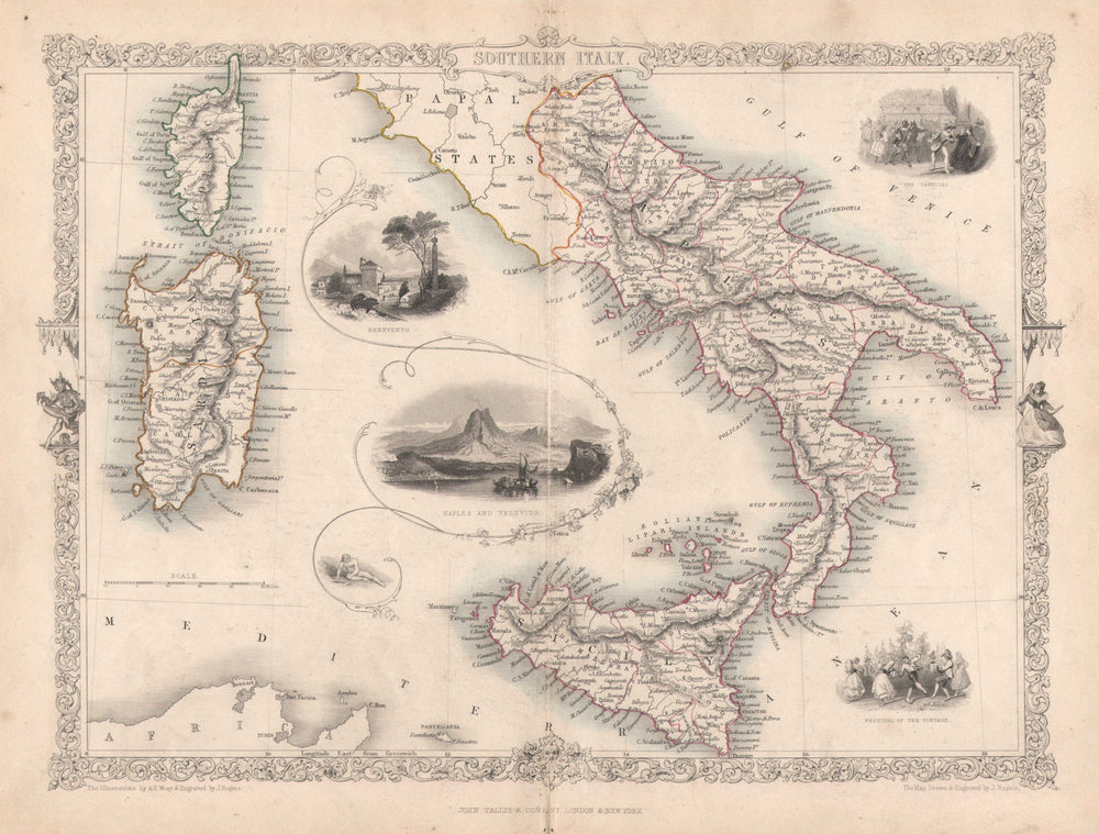 SOUTHERN ITALY. Naples Vesuvius Sicily Sardinia Corsica.TALLIS/RAPKIN c1851 map