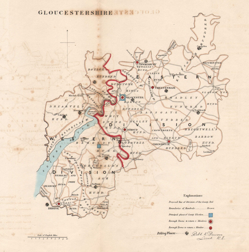 Gloucestershire county map. Divisions electoral boroughs REFORM ACT. DAWSON 1832