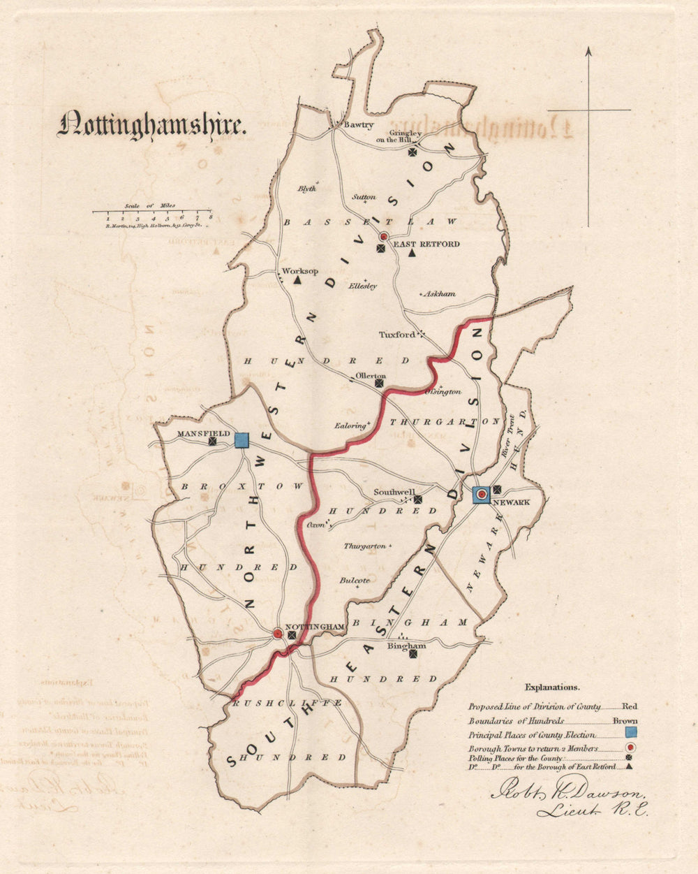 Nottinghamshire county map. Electoral divisions boroughs REFORM ACT. DAWSON 1832