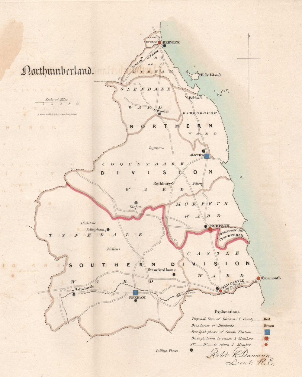 Northumberland county map. Divisions electoral boroughs. REFORM ACT. DAWSON 1832