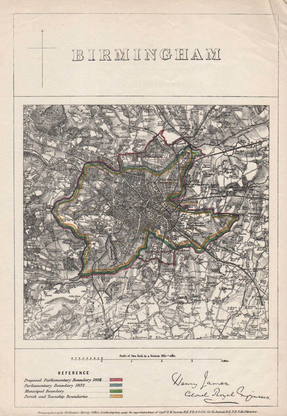 BIRMINGHAM borough/town plan. BOUNDARY COMMISSION. West Midlands. JAMES 1868 map