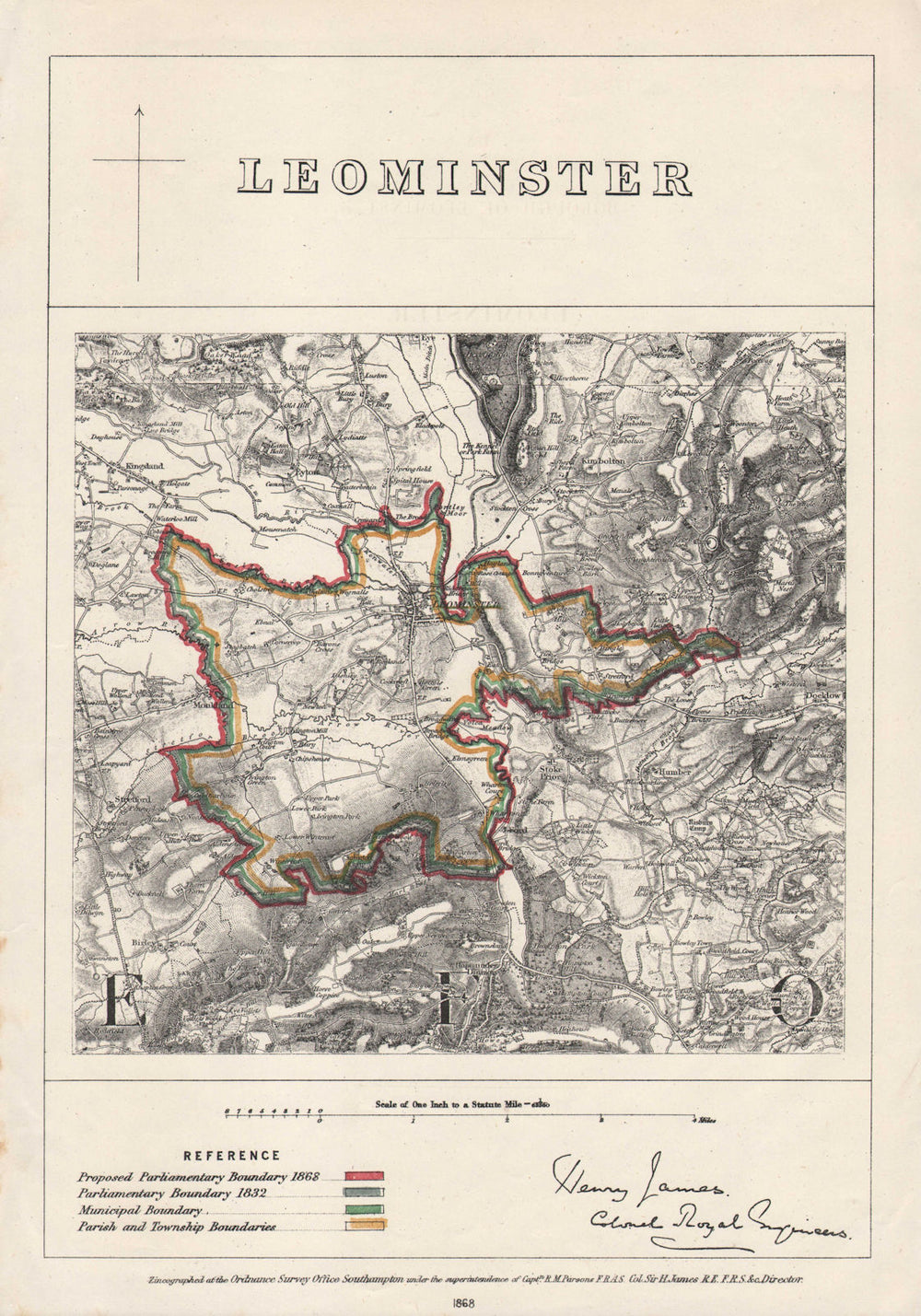 LEOMINSTER borough/town plan. BOUNDARY COMMISSION. Herefordshire. JAMES 1868 map