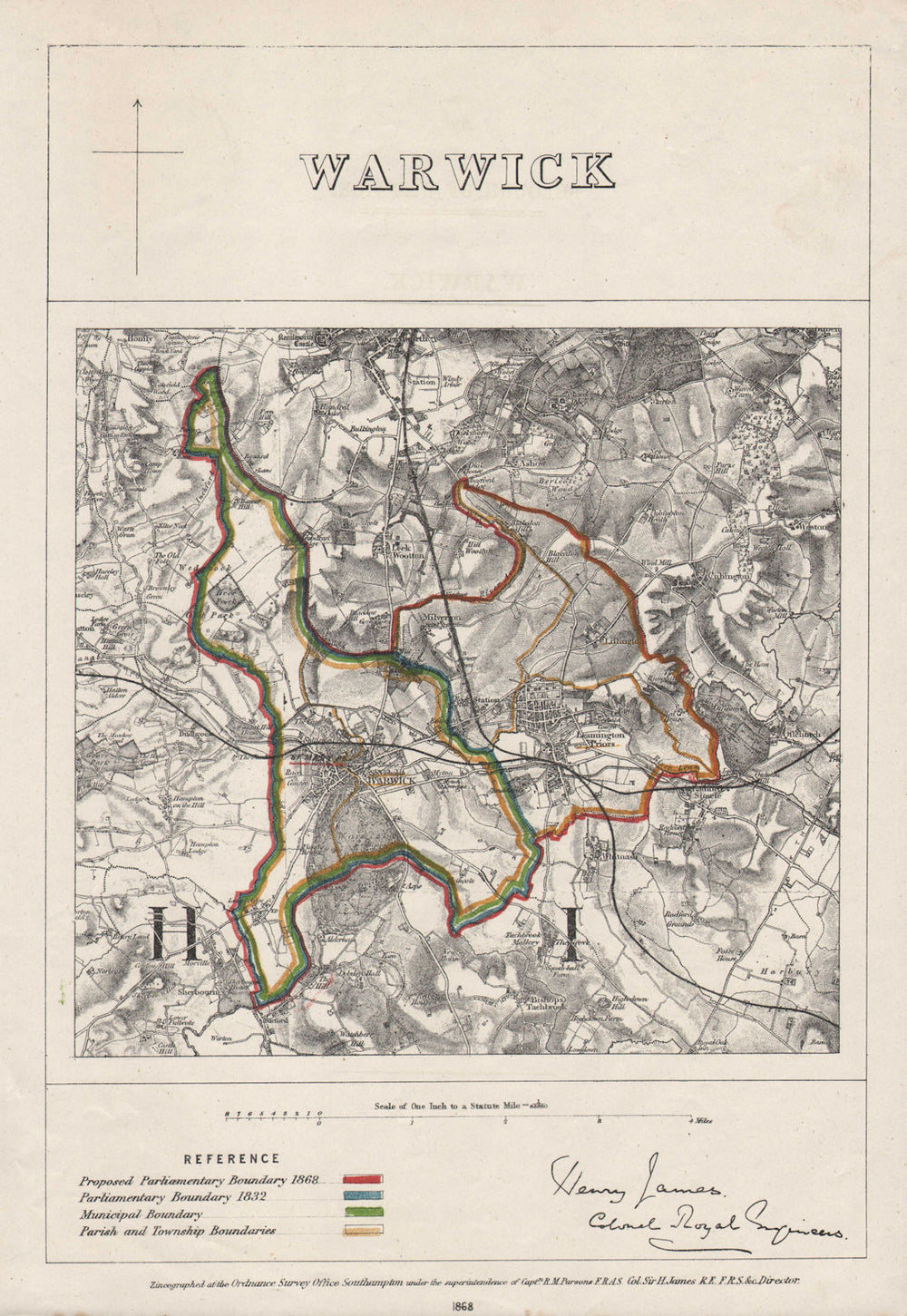 WARWICK & LEAMINGTON PRIORS/SPA town plan. BOUNDARY COMMISSION. JAMES 1868 map