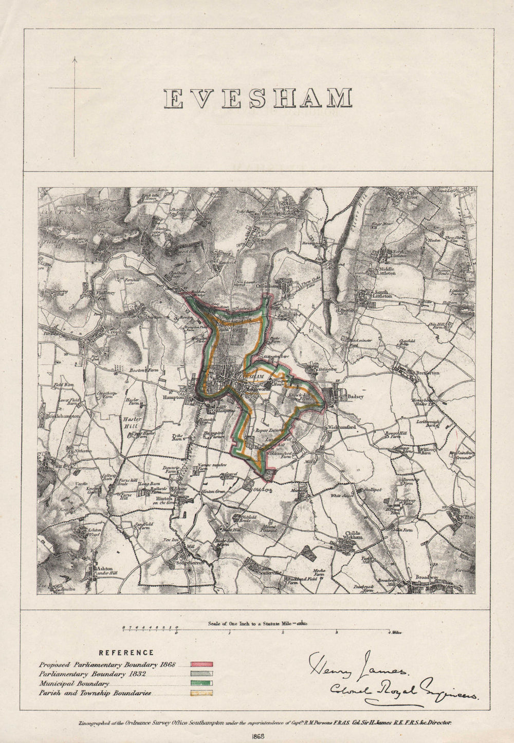 EVESHAM borough/town plan. BOUNDARY COMMISSION. Worcestershire. JAMES 1868 map