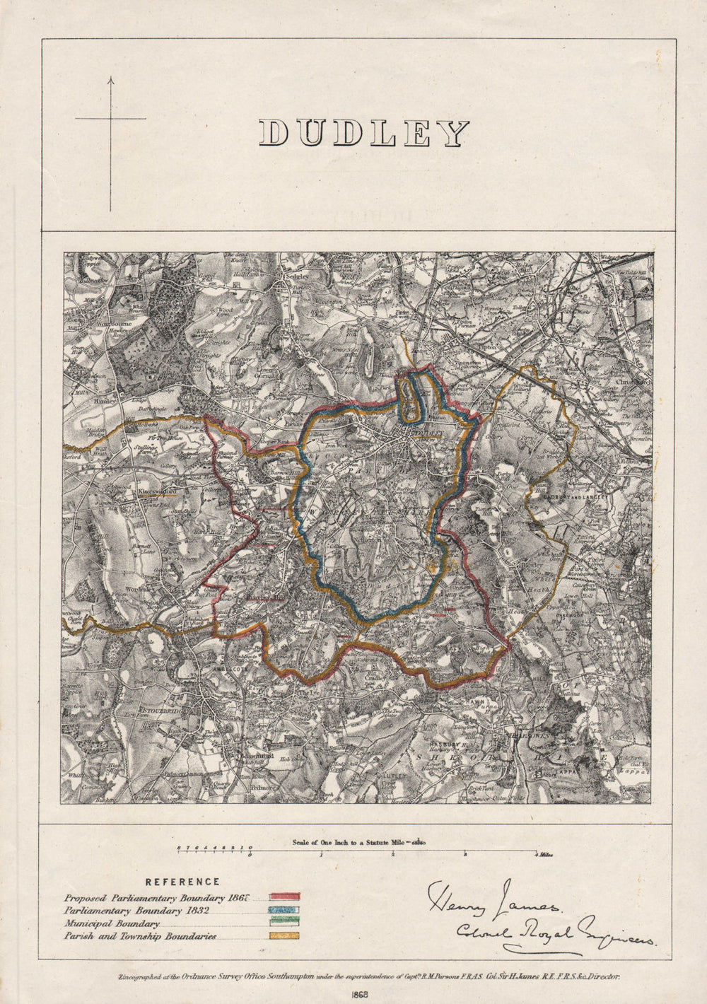 DUDLEY borough/town plan. BOUNDARY COMMISSION. Worcestershire. JAMES 1868 map