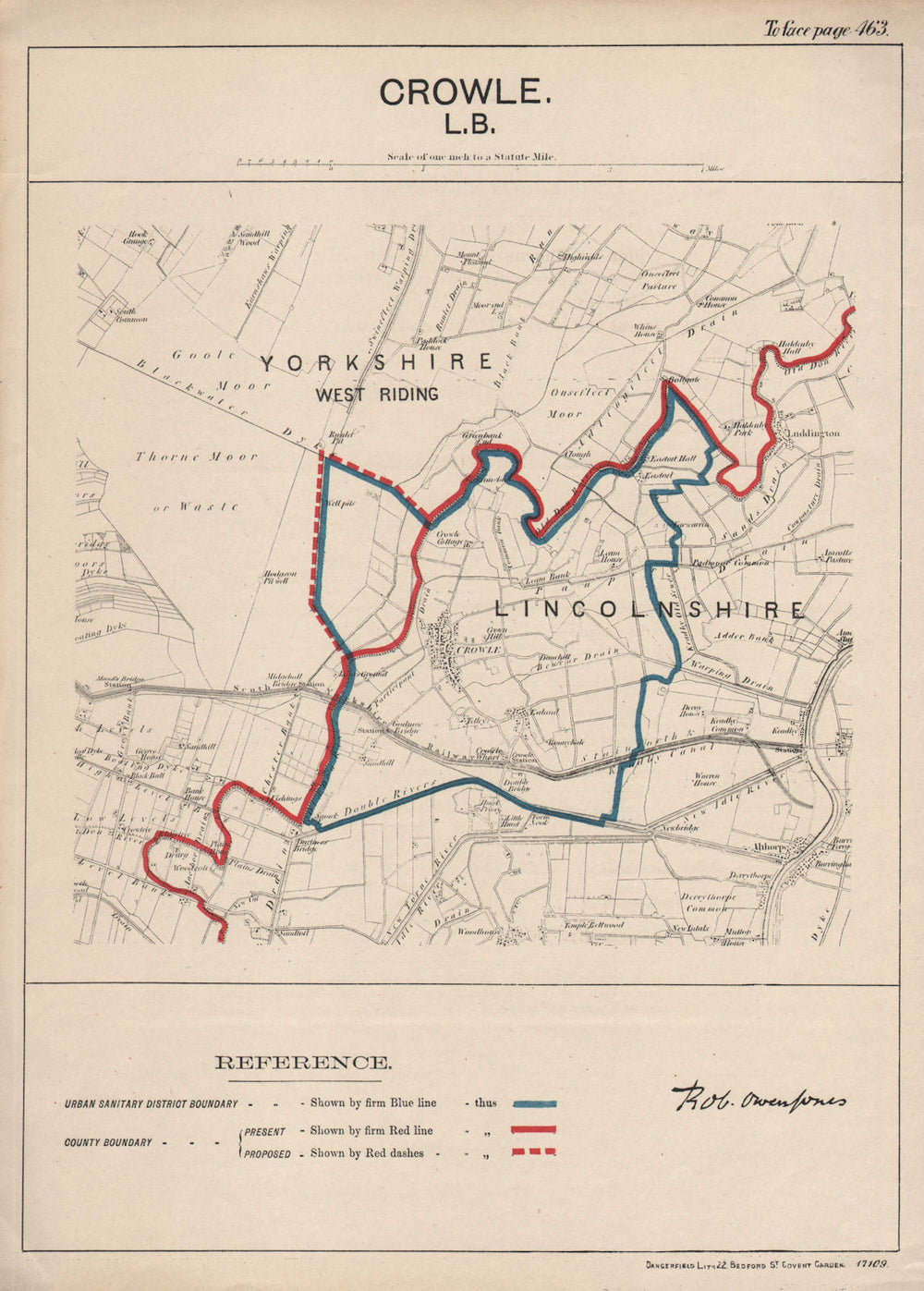 CROWLE borough/town plan. COUNTY BOUNDARY REVISION. Lincolnshire. JONES 1888 map