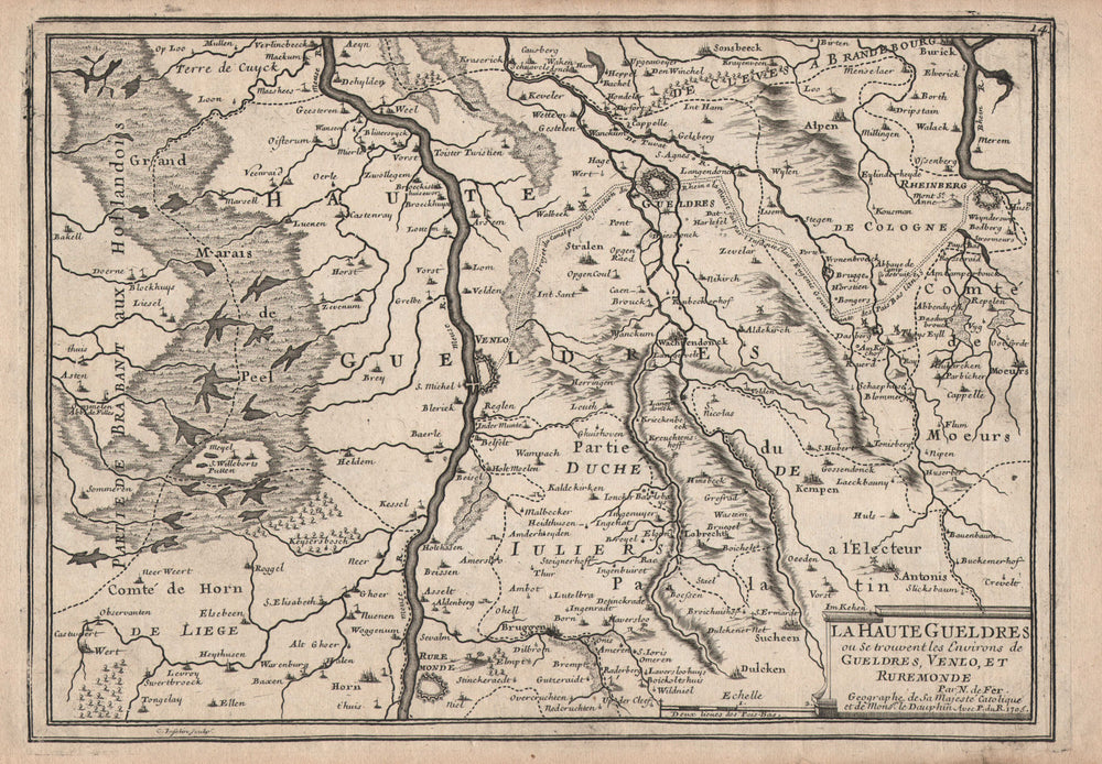 "La Haute Gueldres…". Geldern Venlo Roermond Rheinberg Meuse. DE FER 1705 map