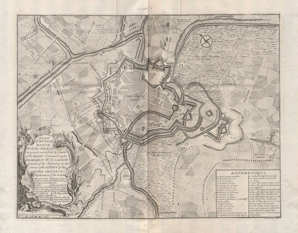 "Plan of the town of Menin". Siege of Menen, Belgium 1706. DU BOSC 1737 map
