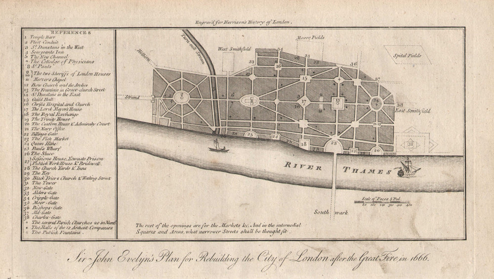 Evelyn's City of London rebuilding plan after the 1666 fire. HARRISON 1776 map