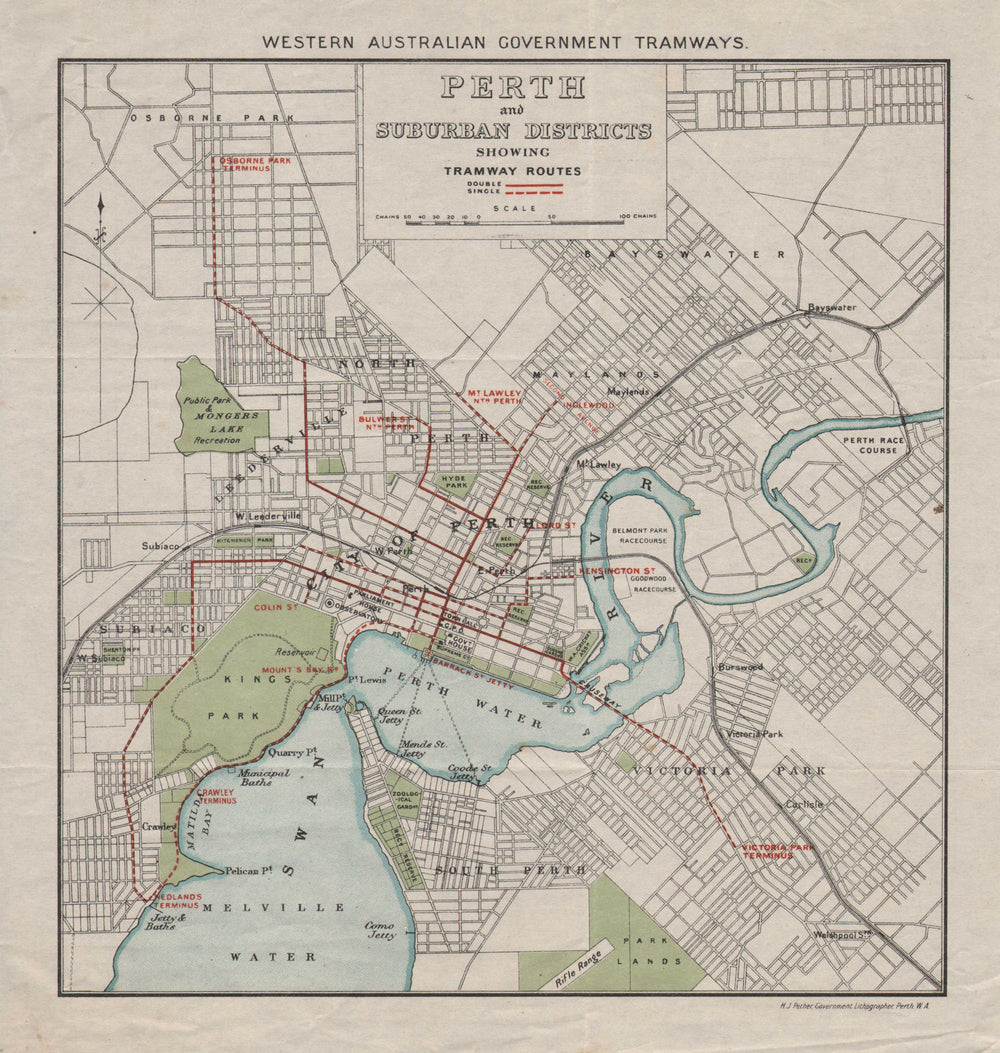 Perth & Suburban Districts showing Tramway Routes. Western Australia 1919 map
