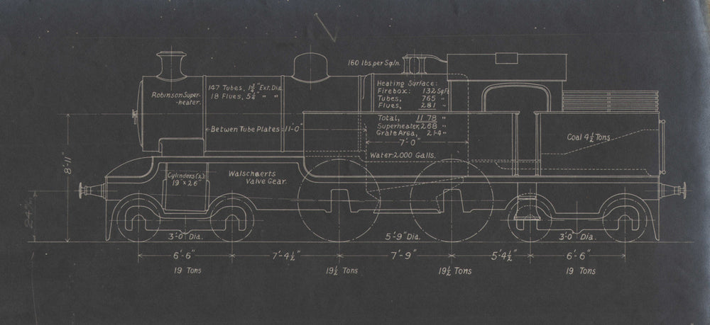 4-4-4 Locomotive section engineering drawing print c1910 old antique