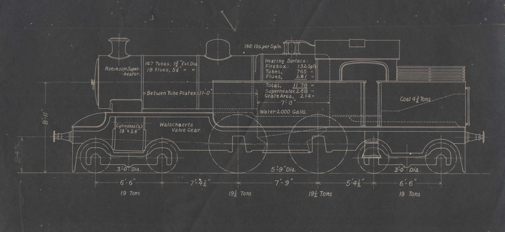 4-4-4 Locomotive section engineering drawing print (1) c1910 old antique