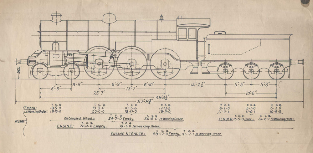 4-6-0 Locomotive section engineering drawing print c1915 old antique