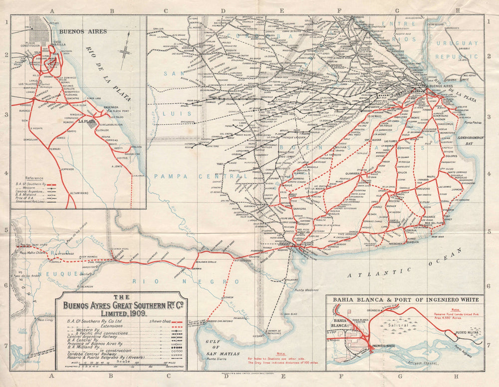 Buenos Ayres [Aires] Great Southern Railway. Bahia Blanca 1909 old antique map
