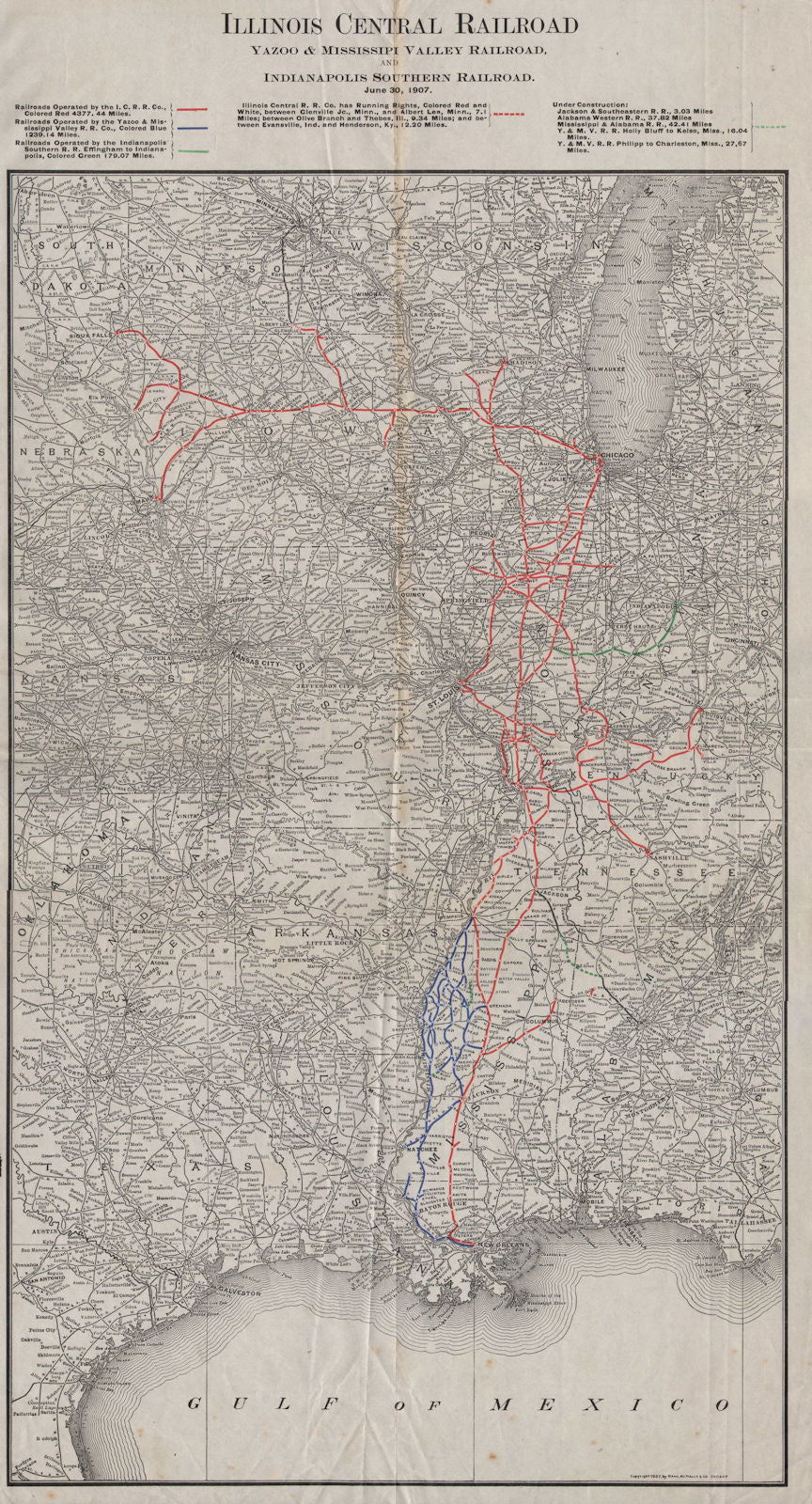 Illinois Central Yazoo-Mississipi Valley Indianapolis Southern Railroad 1907 map