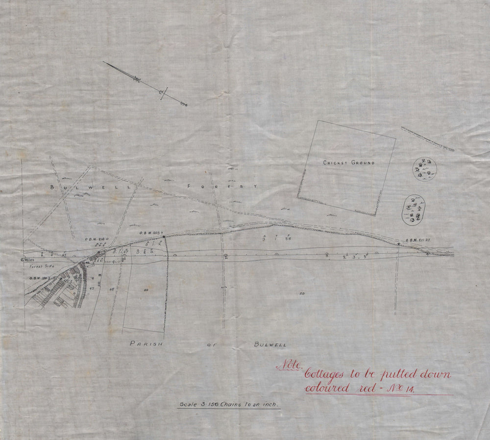 BULWELL, Notts. Manuscript map. Proposed Midland Rail line. Cricket ground c1845