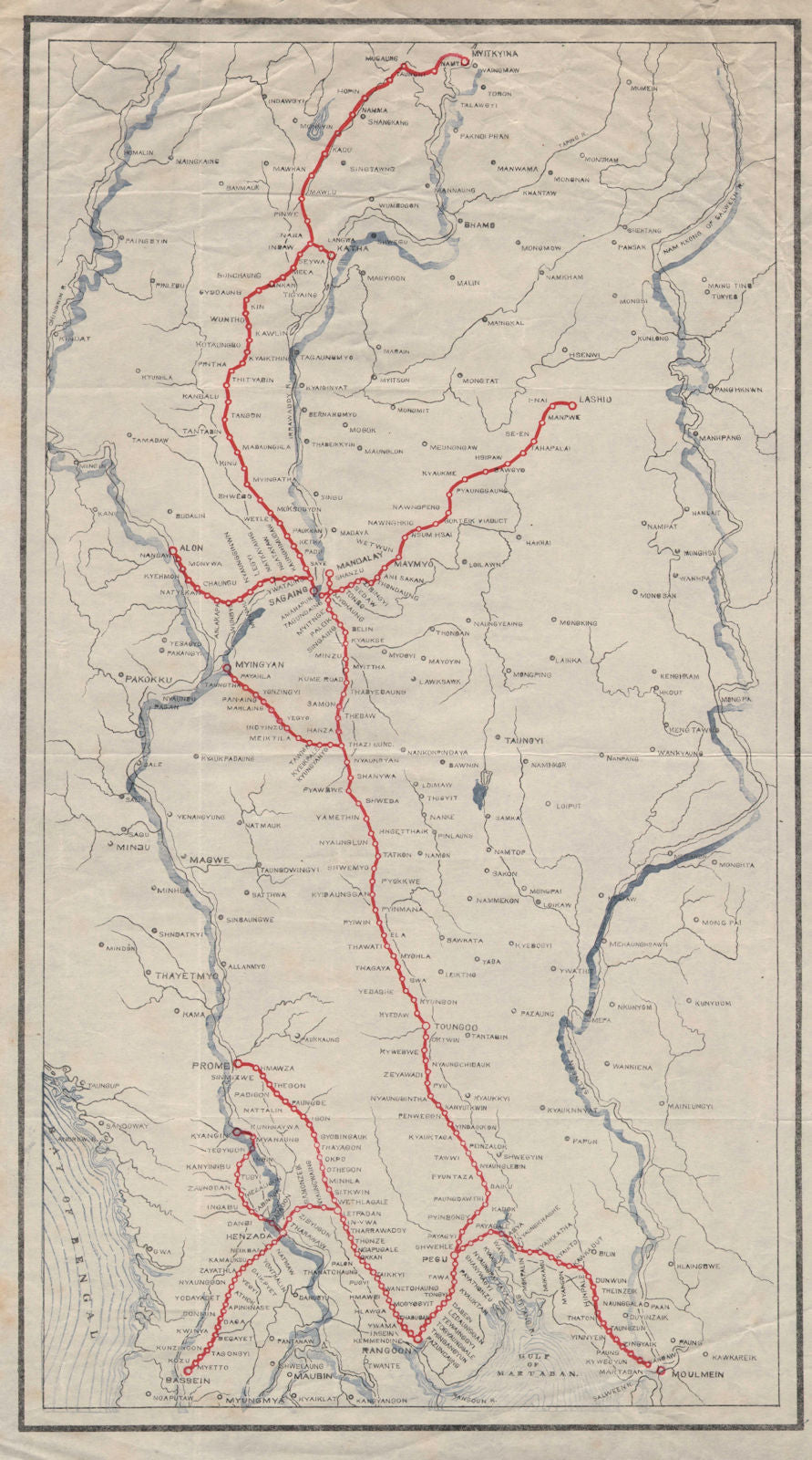 Burma Railways map. Myanmar c1908 old antique vintage plan chart