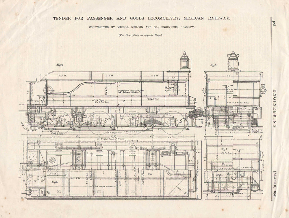 Mexican Railway. Passenger & goods locomotive tender. Neilson & Co 1895 print