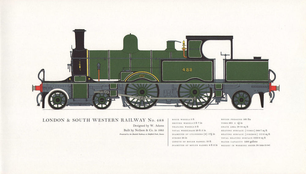 London & South Western Railway locomotive #488 Adams 1885. Neilson 1967 print