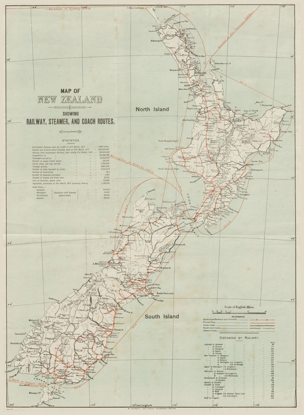New Zealand. Railway, Steamer & Coach Routes c1915 old antique map plan chart