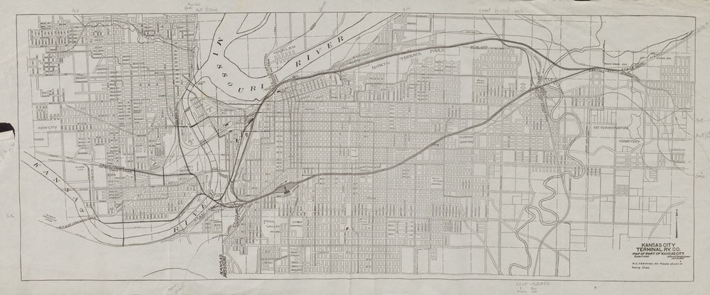 Kansas City plan showing Terminal Railway Co. Missouri 1907 old antique map