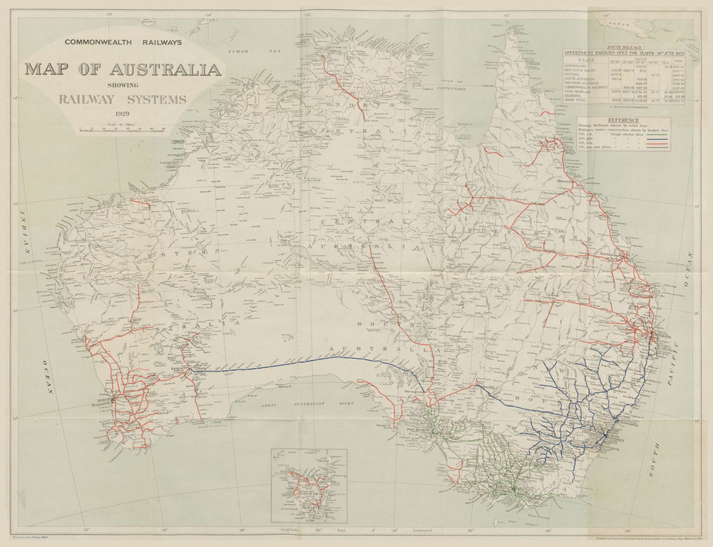 Australia Railway Systems 1929 showing different gauges. Commonwealth 1929 map