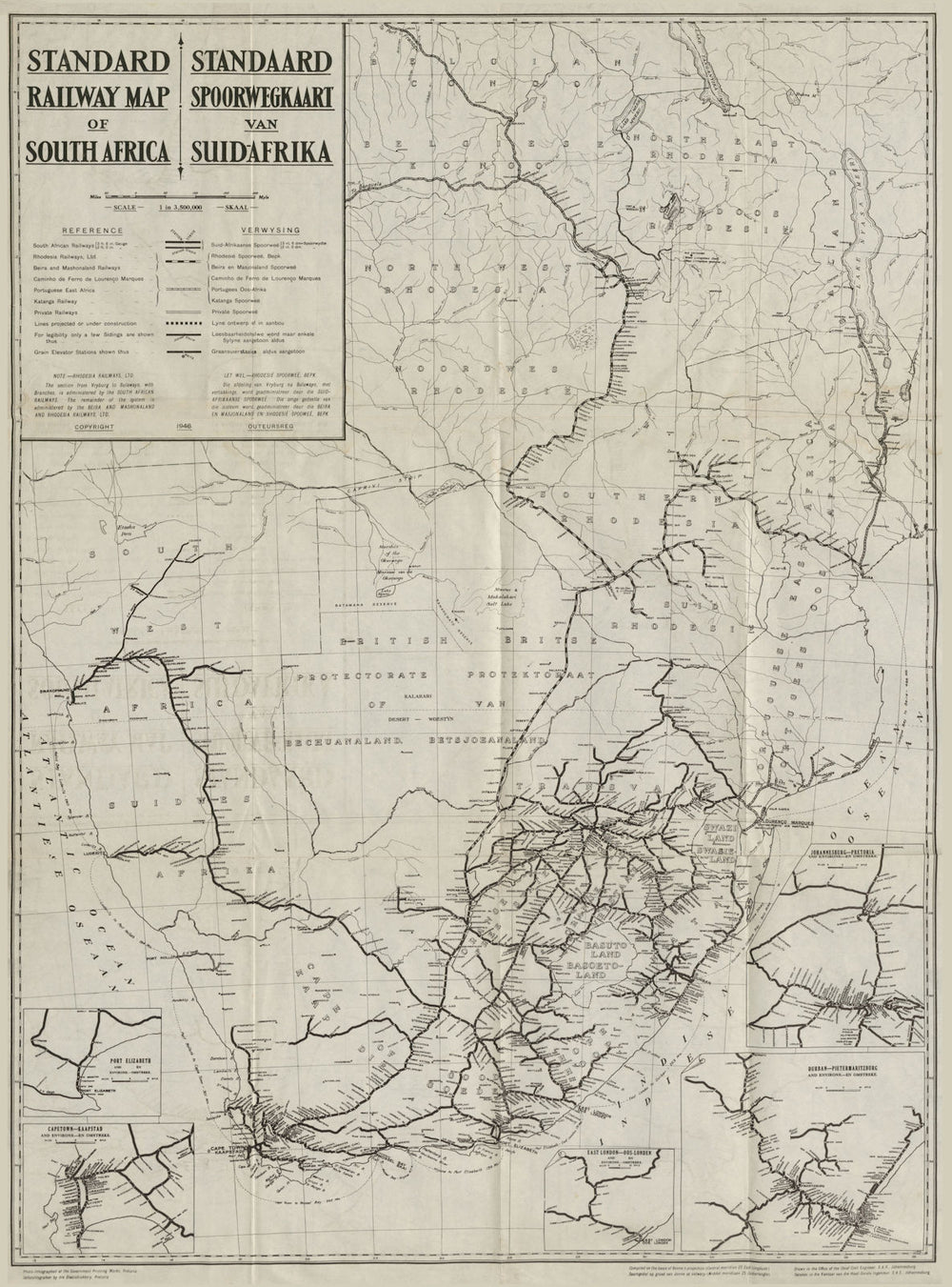 South Africa Standard Railway map. Suid-Afrika Standaard Spoorwegkaart 1946