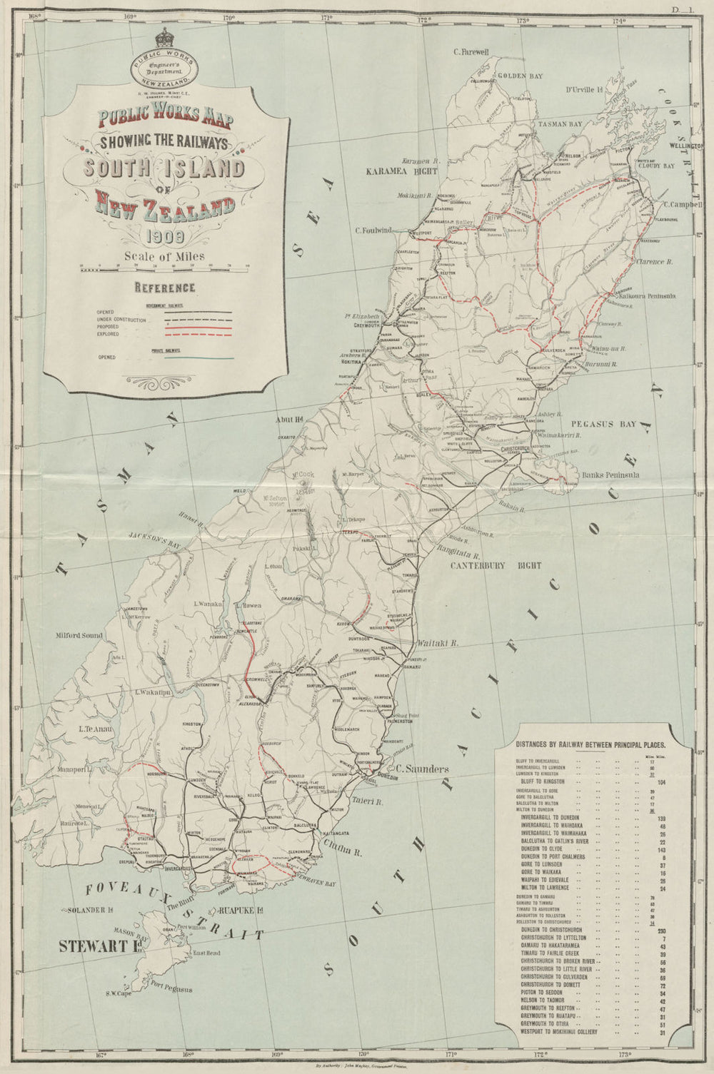 South Island New Zealand railways. Open proposed explored in progress 1909 map