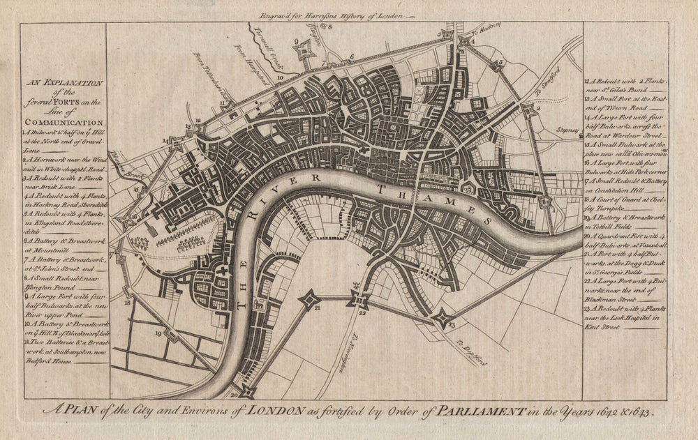 Civil War plan of London as fortified by Parliament in 1642/3 .HARRISON 1776 map